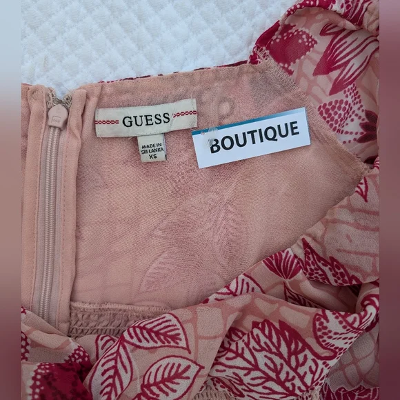 Guess Pink Floral Mini Dress XS Stretchy Open Neck Blouson Sleeves Y2K Prom - Picture 8 of 11